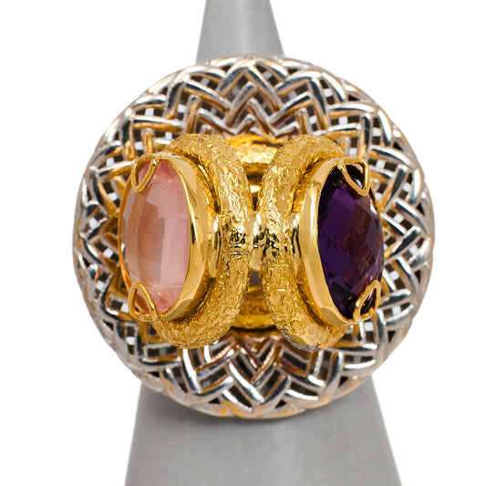 Pre-Owned 18ct Gold 2 Tone Amethyst & Quartz Art Ring Size R