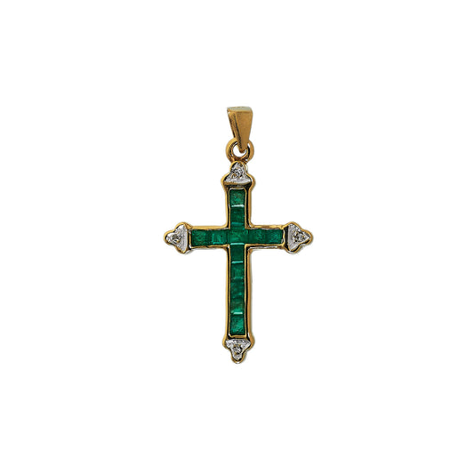 Pre-Owned 9ct Gold Emerald & Diamond Cross Pendant