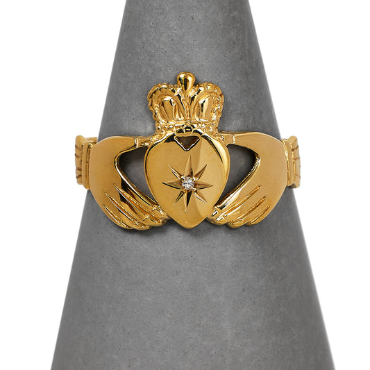 Pre-Owned 9ct Gold Diamond Claddagh Ring Size S.5