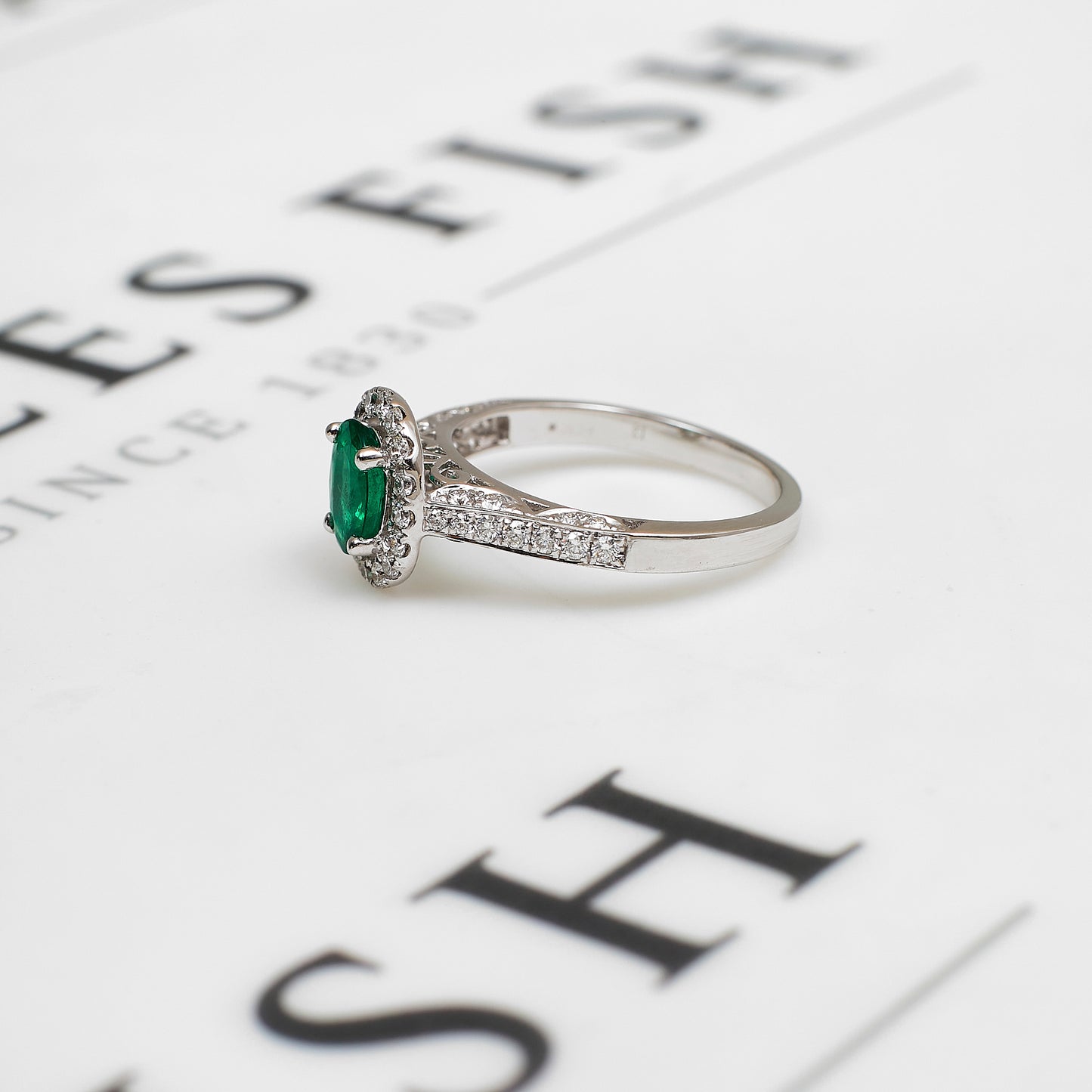 Pre-Owned 18ct White Gold Emerald & Diamond Cluster Ring