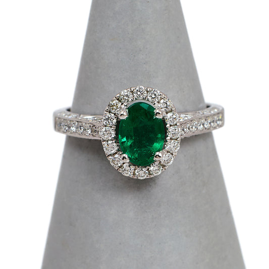 Pre-Owned 18ct White Gold Emerald & Diamond Cluster Ring