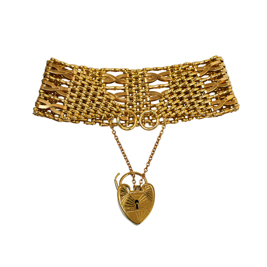 Pre-Owned 9ct Gold Bar Gate Bracelet & Heart Padlock 7 Inch
