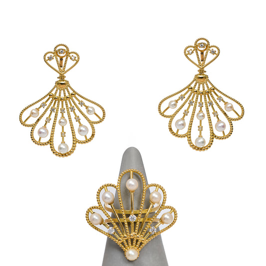 Pre-Owned 18ct Gold CZ & Cultured Pearl Fan Design SET
