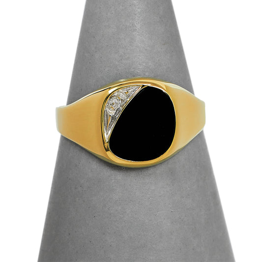 Pre-Owned 9ct Gold & Diamond Onyx Signet Ring Size M