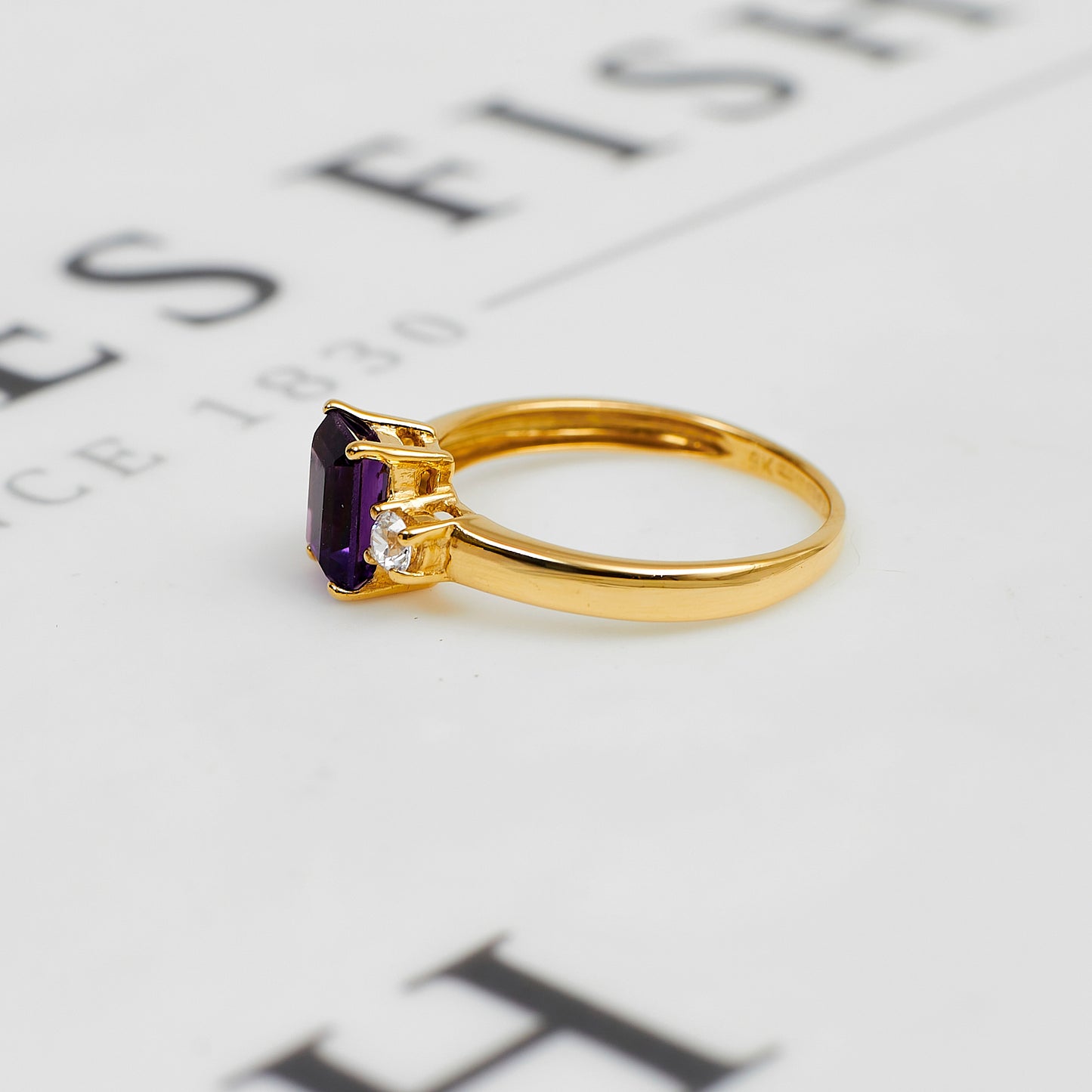 Pre-Owned 9ct Gold Rectangle Amethyst & CZ Ring Size O