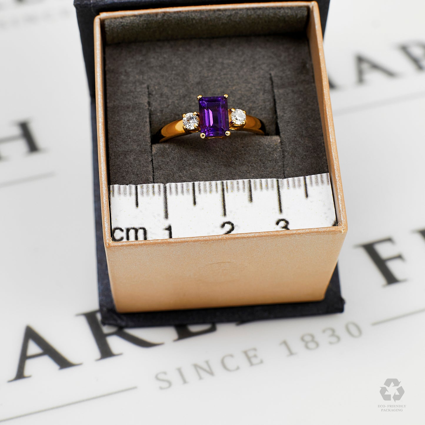 Pre-Owned 9ct Gold Rectangle Amethyst & CZ Ring Size O