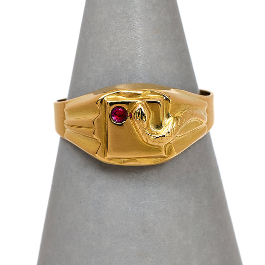 Pre-Owned 18ct Gold Synthetic Red Stone Snake Signet Ring