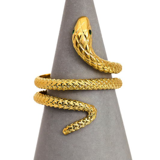 Pre-Owned 14ct Gold Green Eyes Snake Ring Size P