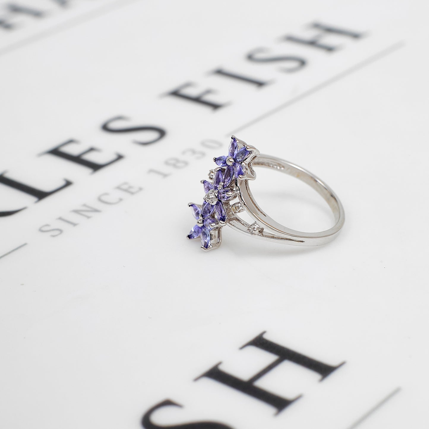 Pre-Owned 9ct White Gold Diamond & Tanzanite 3 Flower Ring
