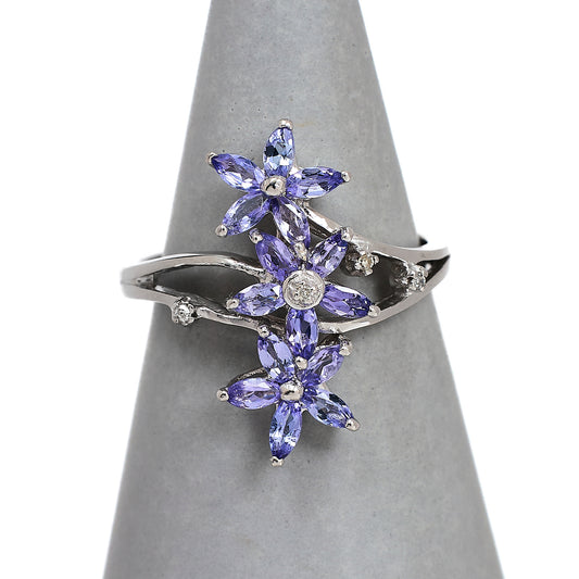Pre-Owned 9ct White Gold Diamond & Tanzanite 3 Flower Ring