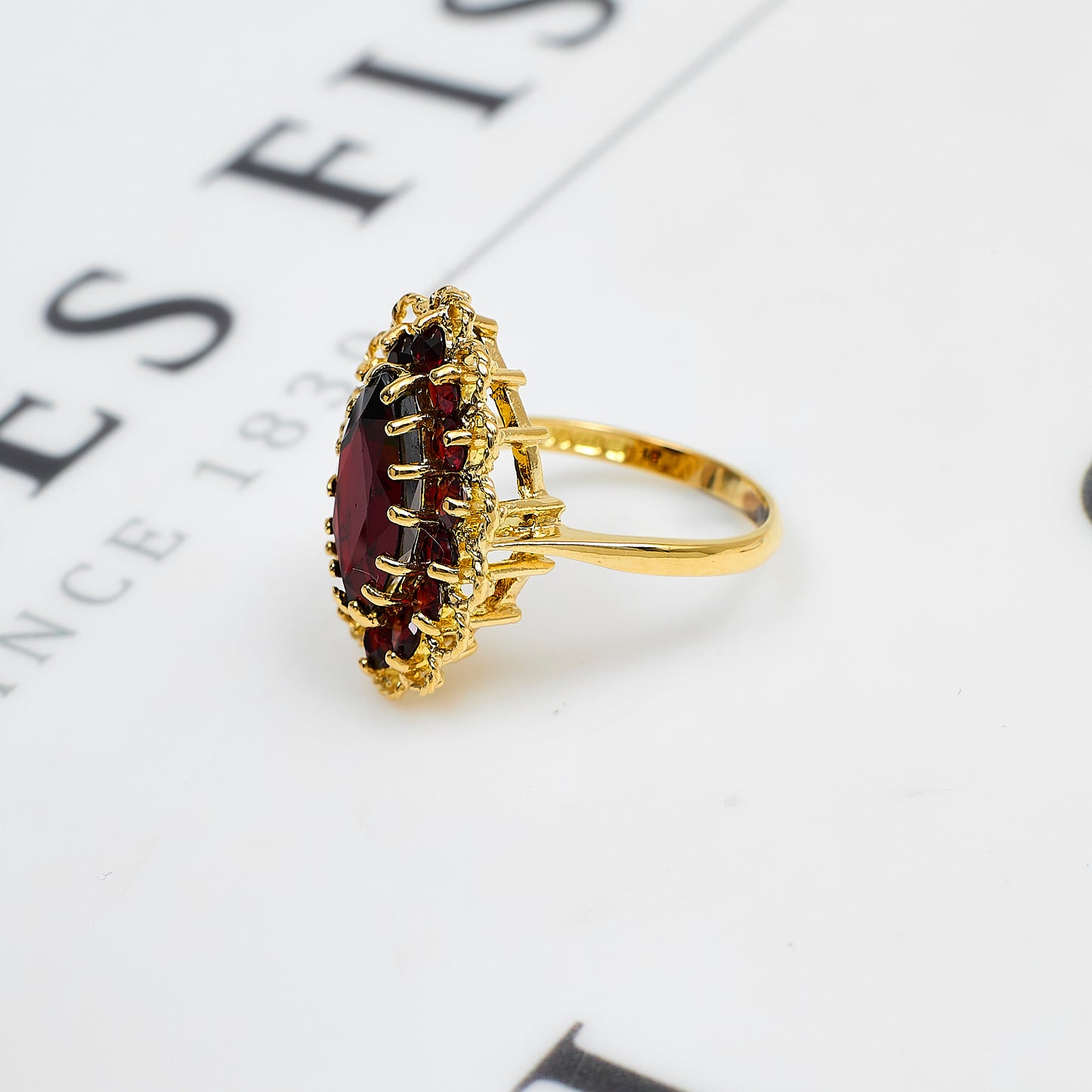 Pre-Owned 9ct Gold Marquise Shape Garnet Cluster Ring