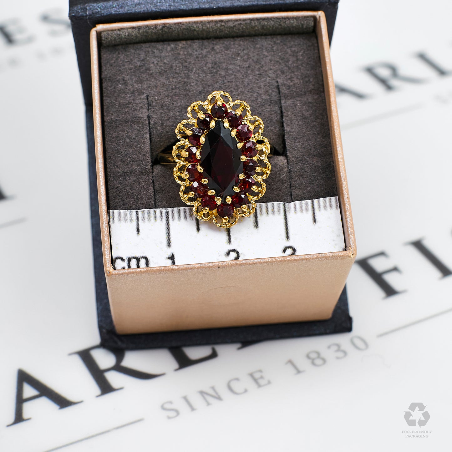 Pre-Owned 9ct Gold Marquise Shape Garnet Cluster Ring
