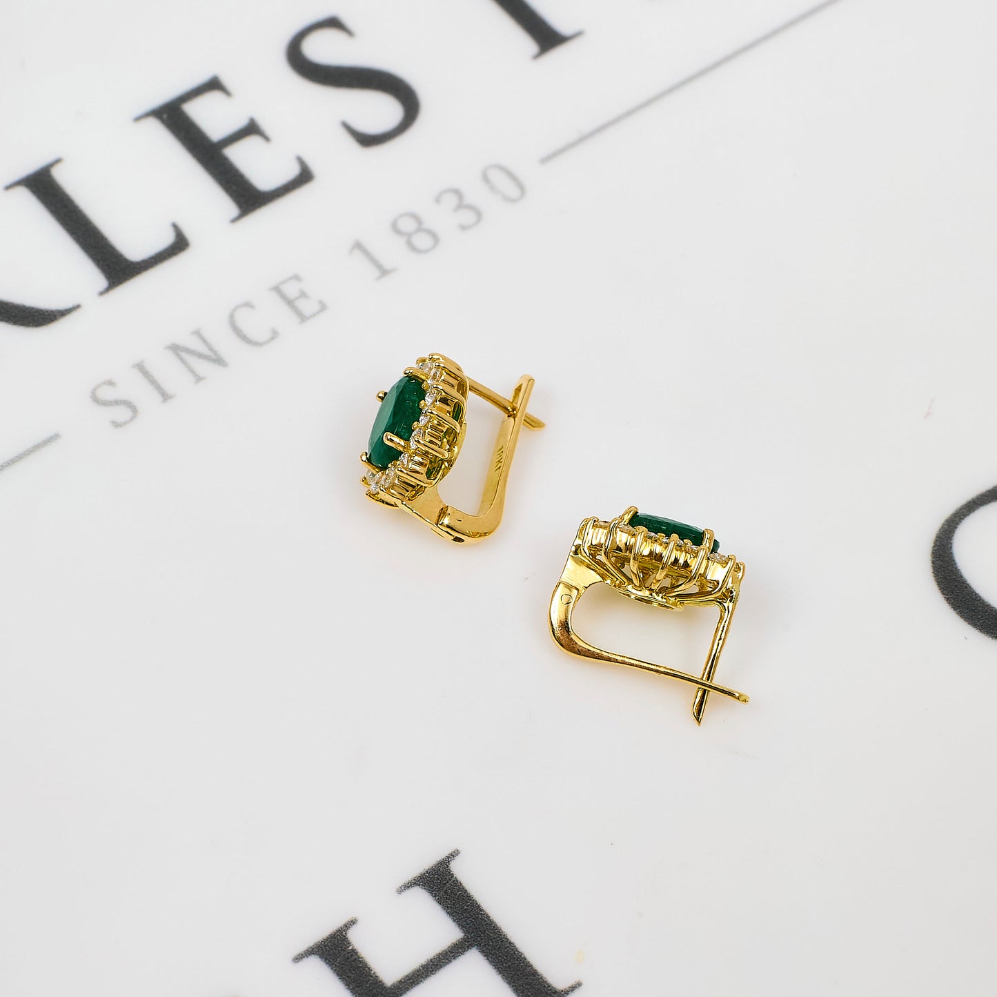 Pre-Owned 18ct Gold Oval Emerald & Diamond Cluster Earrings