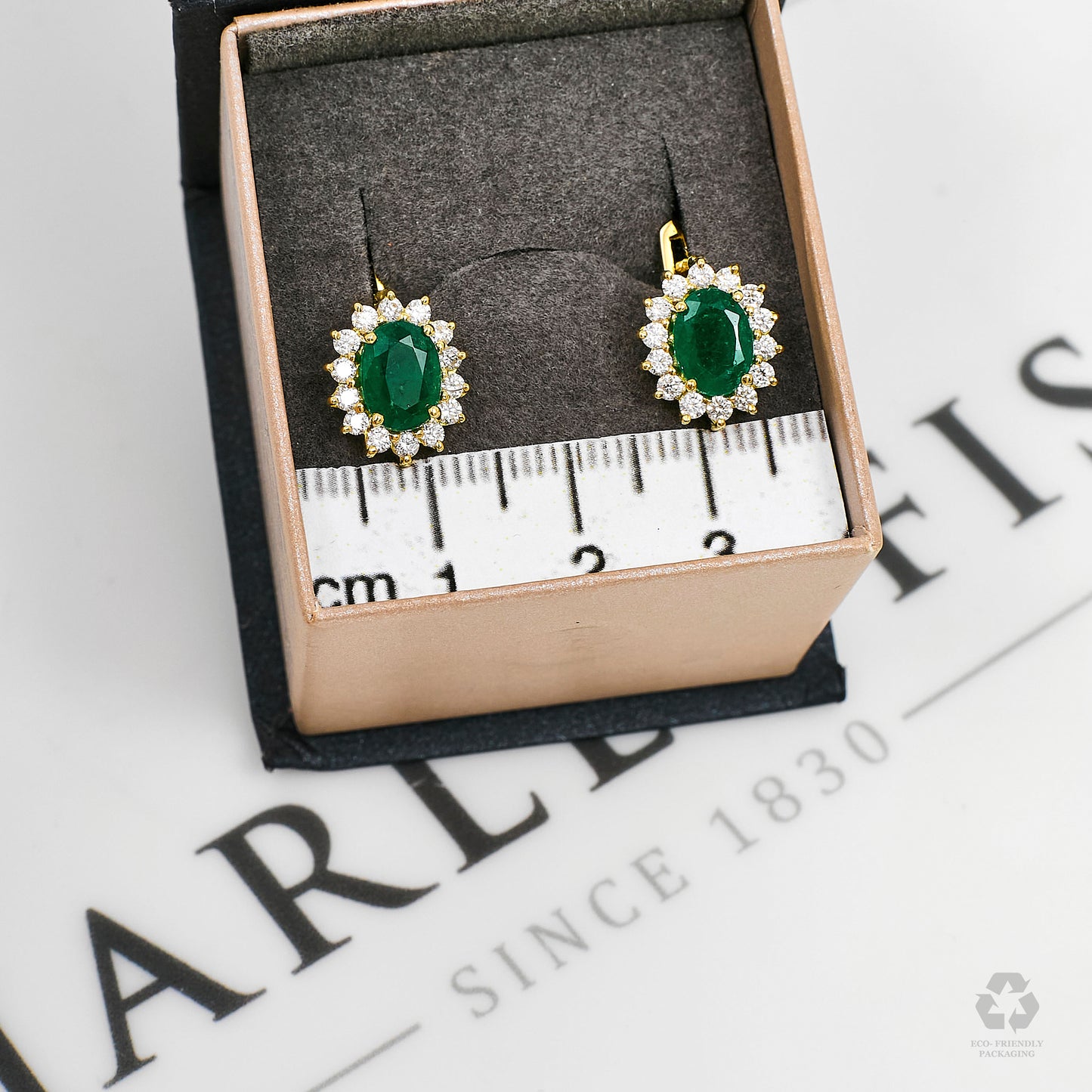 Pre-Owned 18ct Gold Oval Emerald & Diamond Cluster Earrings
