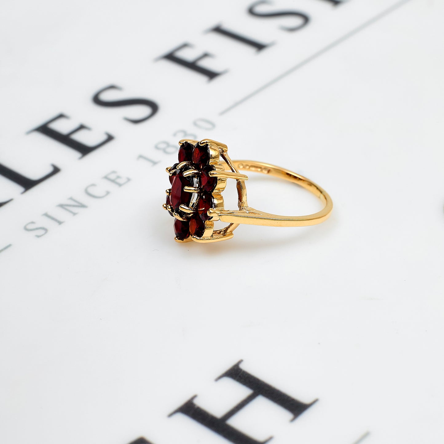 Pre-Owned 9ct Gold Garnet Flower Cluster Ring Size P.5