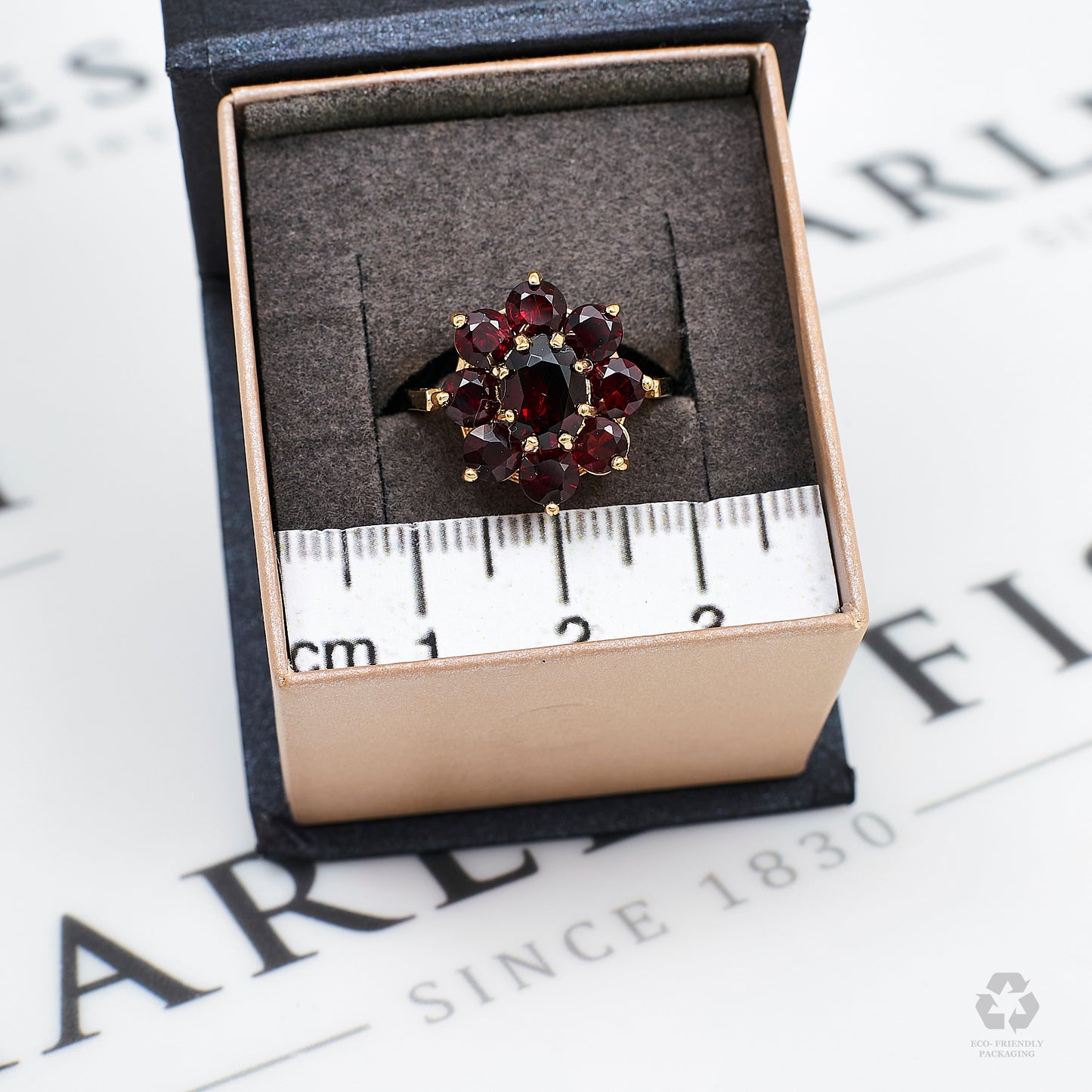 Pre-Owned 9ct Gold Garnet Flower Cluster Ring Size P.5