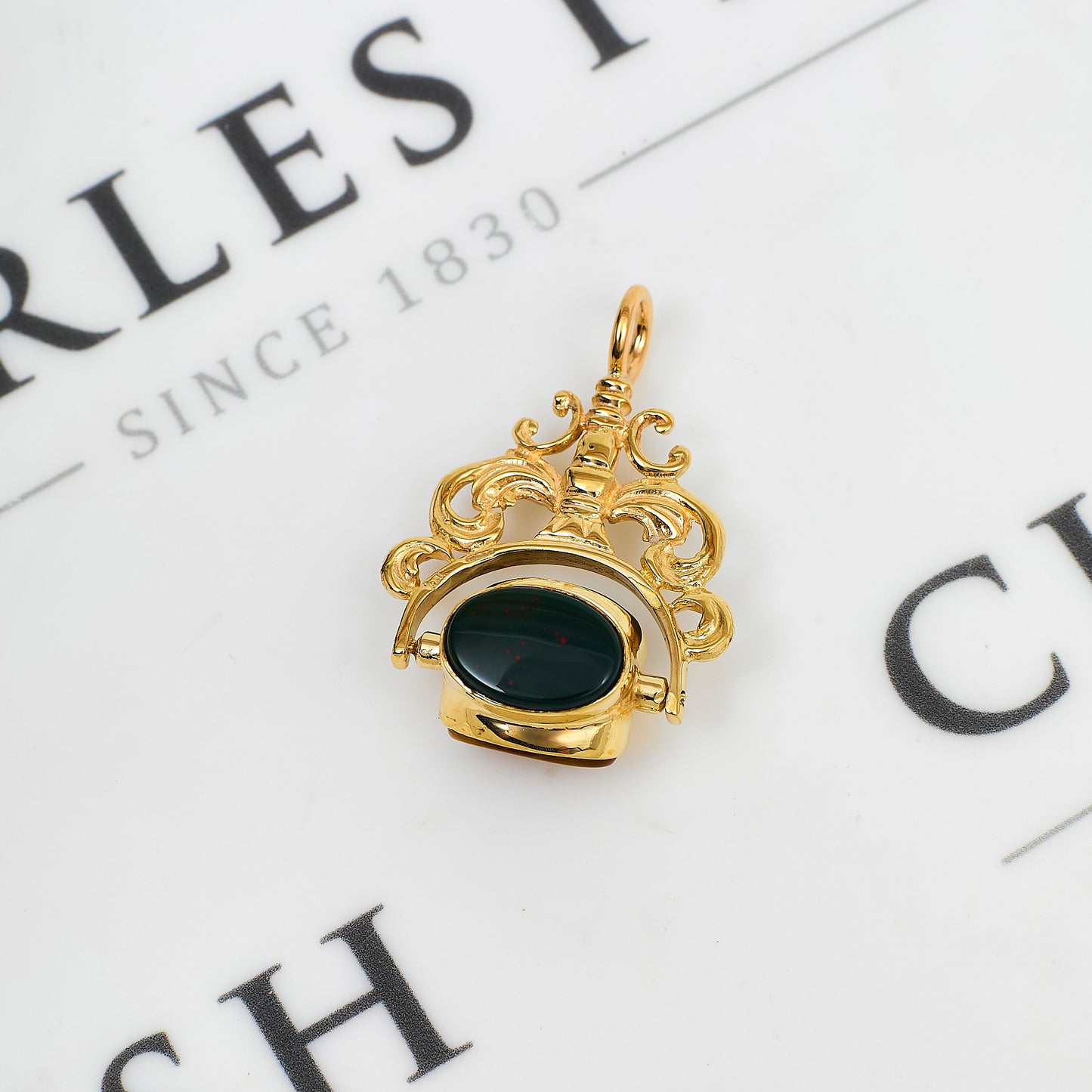 Pre-Owned 9ct Gold Bloodstone Tigers Eye & Onyx Spinner Fob