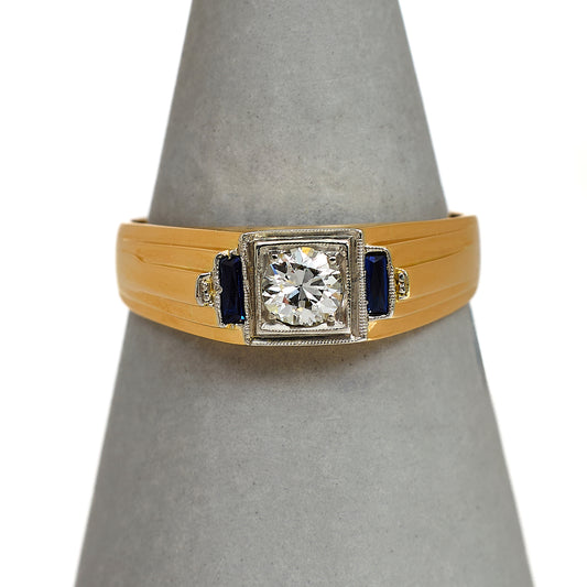 Pre-Owned 9ct Gold Square Set Diamond & Sapphire Ring Size S