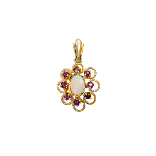 Pre-Owned 9ct Gold Opal & Ruby Cluster Pendant