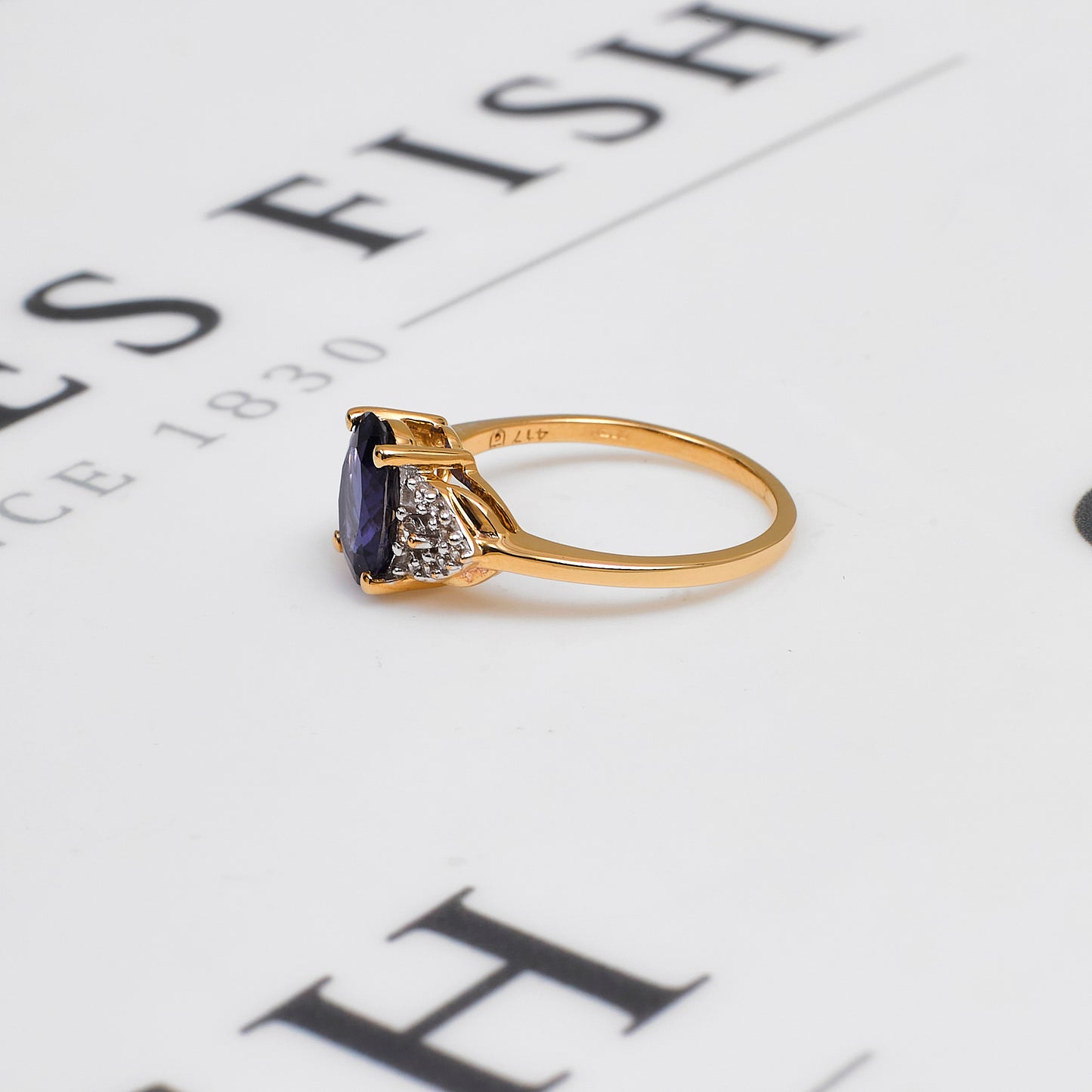 Pre-Owned 9ct Gold Oval Iolite & White Zircon Ring Size N