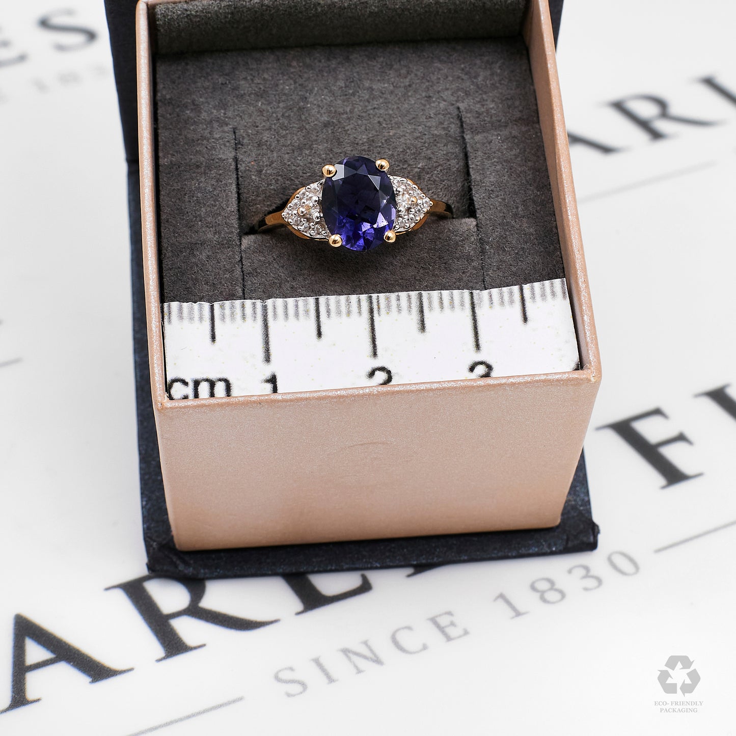 Pre-Owned 9ct Gold Oval Iolite & White Zircon Ring Size N