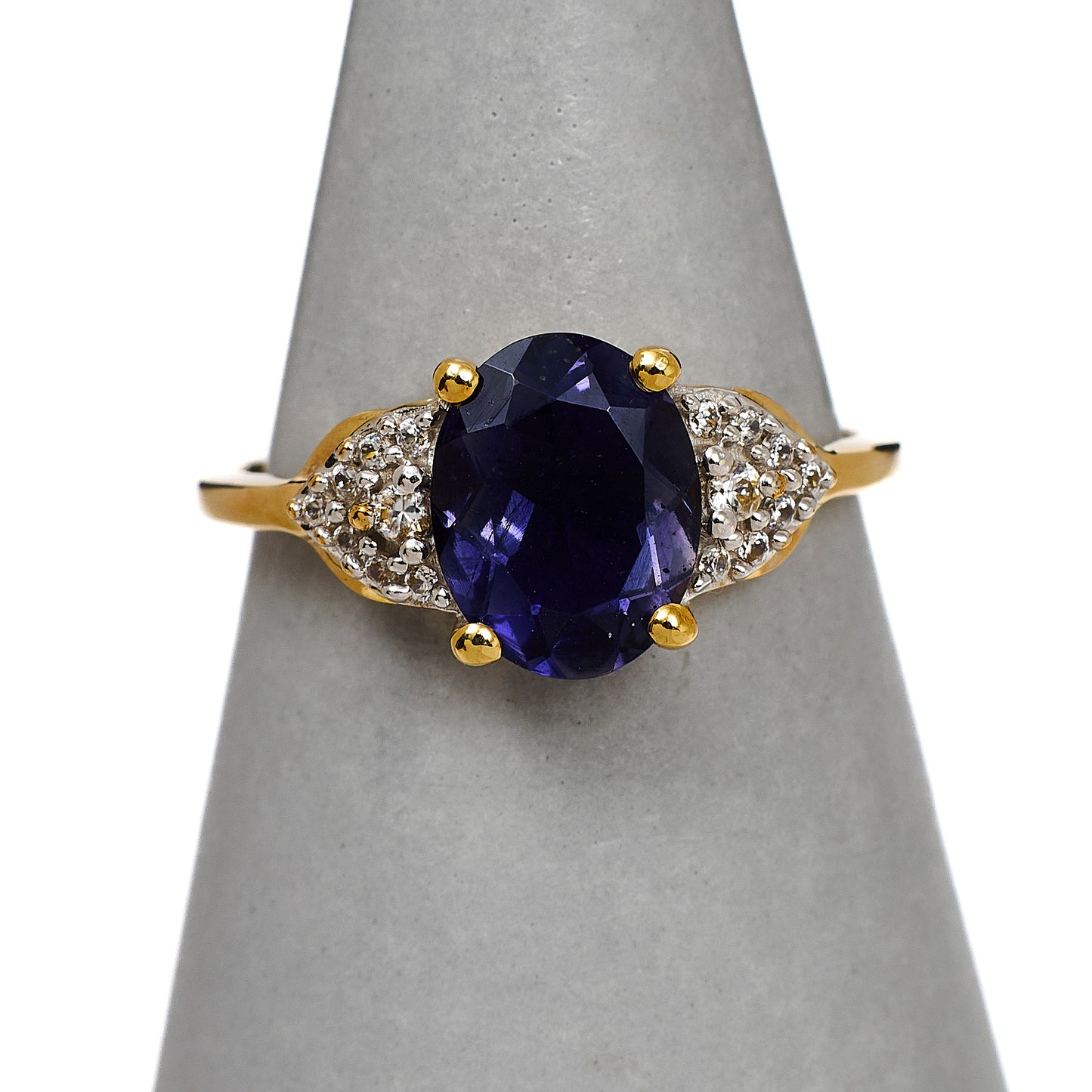Pre-Owned 9ct Gold Oval Iolite & White Zircon Ring Size N