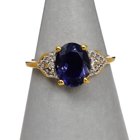 Pre-Owned 9ct Gold Oval Iolite & White Zircon Ring Size N
