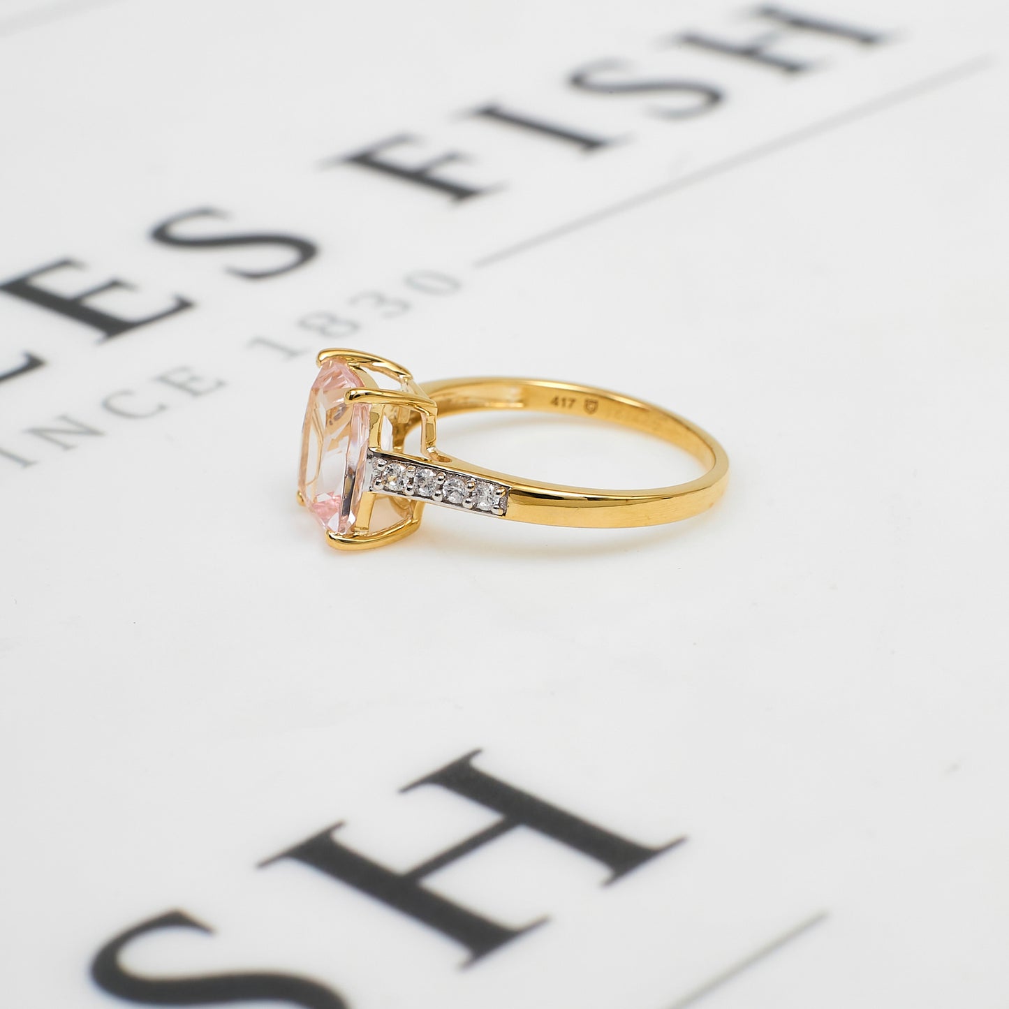 Pre-Owned 9ct Gold Rectangle Morganite & White Zircon Ring
