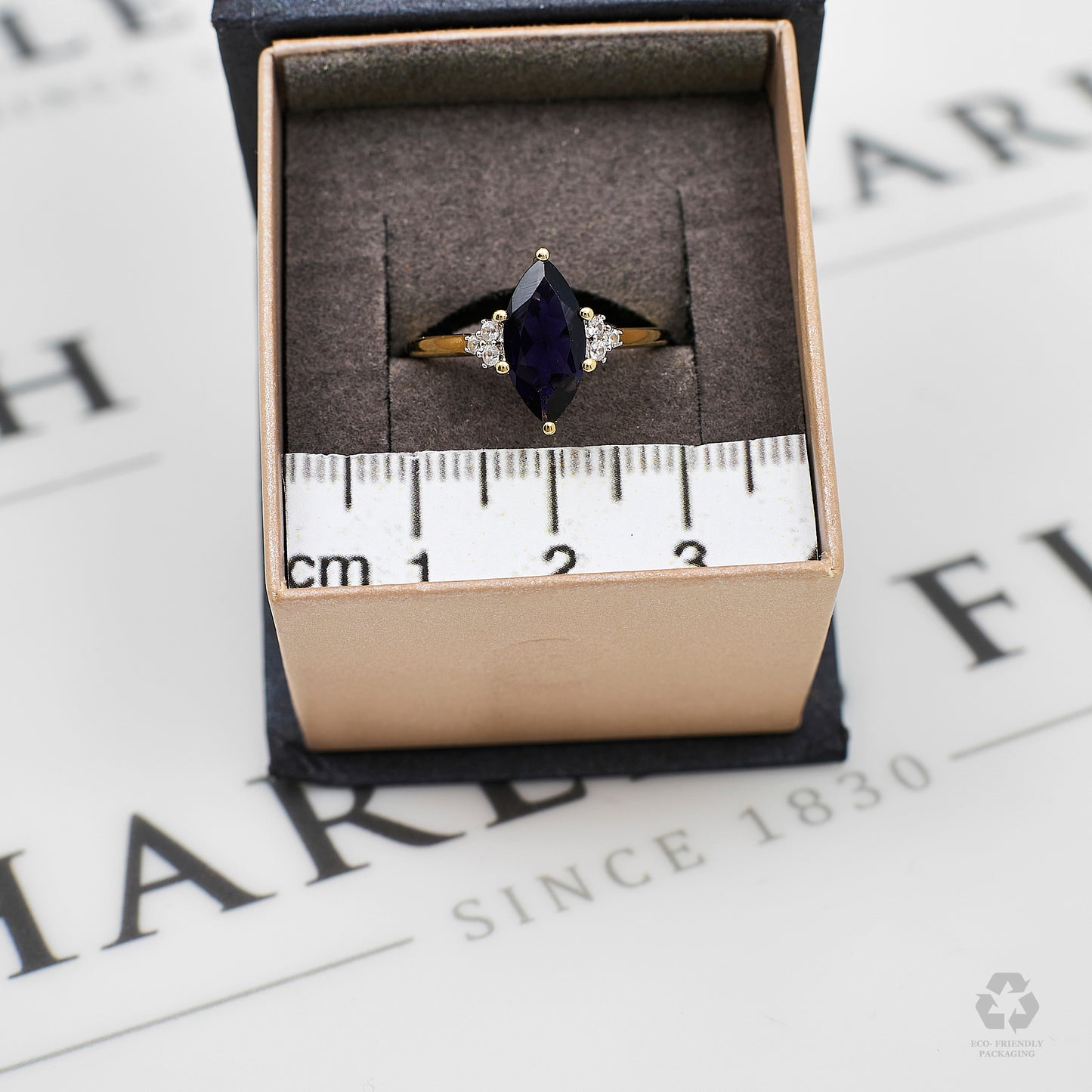 Pre-Owned 9ct Gold Marquise Iolite & White Zircon Ring Size N