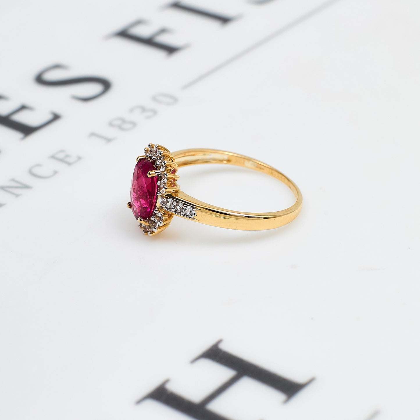 Pre-Owned 9ct Gold Oval Pink Tourmaline White Zircon Ring