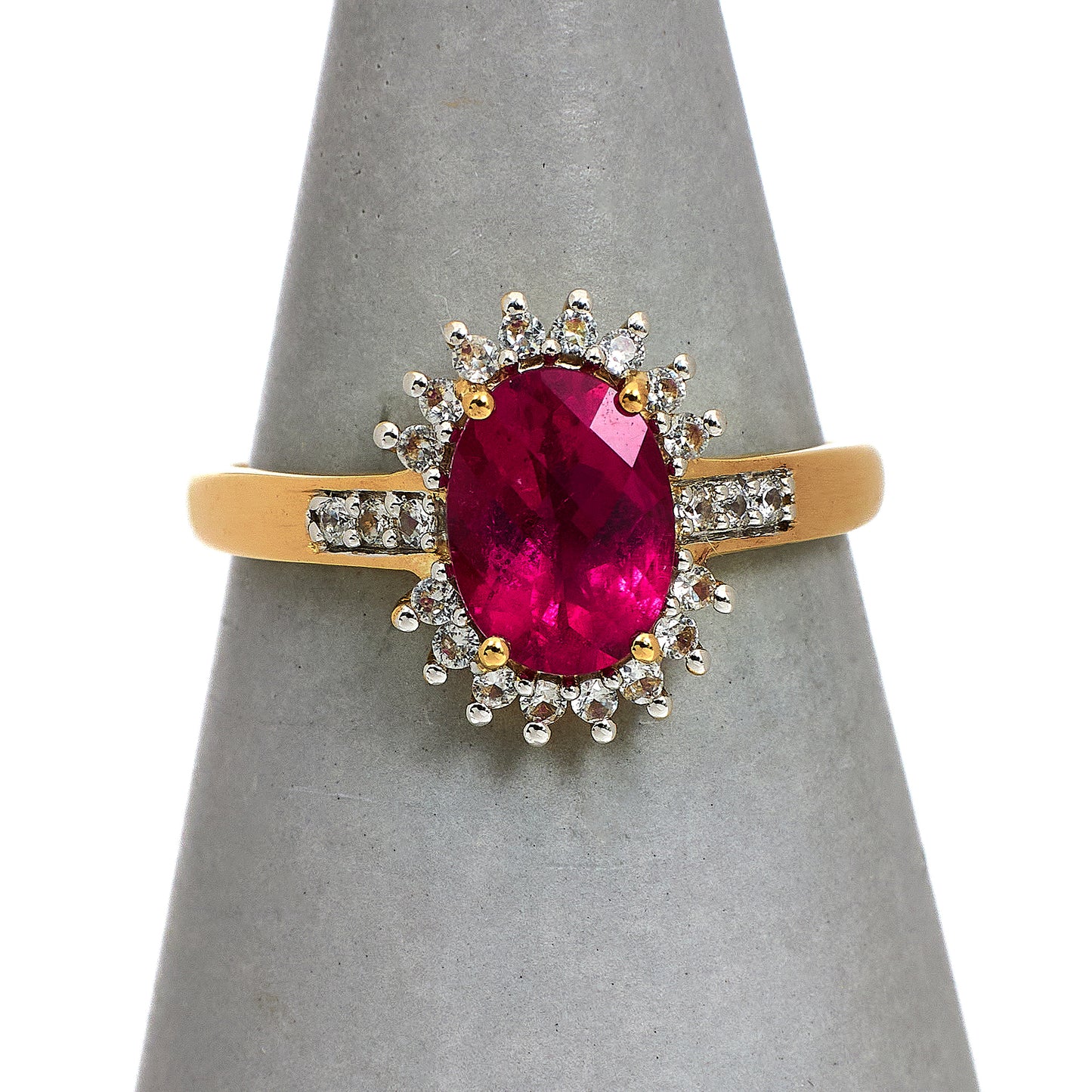 Pre-Owned 9ct Gold Oval Pink Tourmaline White Zircon Ring