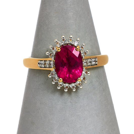 Pre-Owned 9ct Gold Oval Pink Tourmaline White Zircon Ring