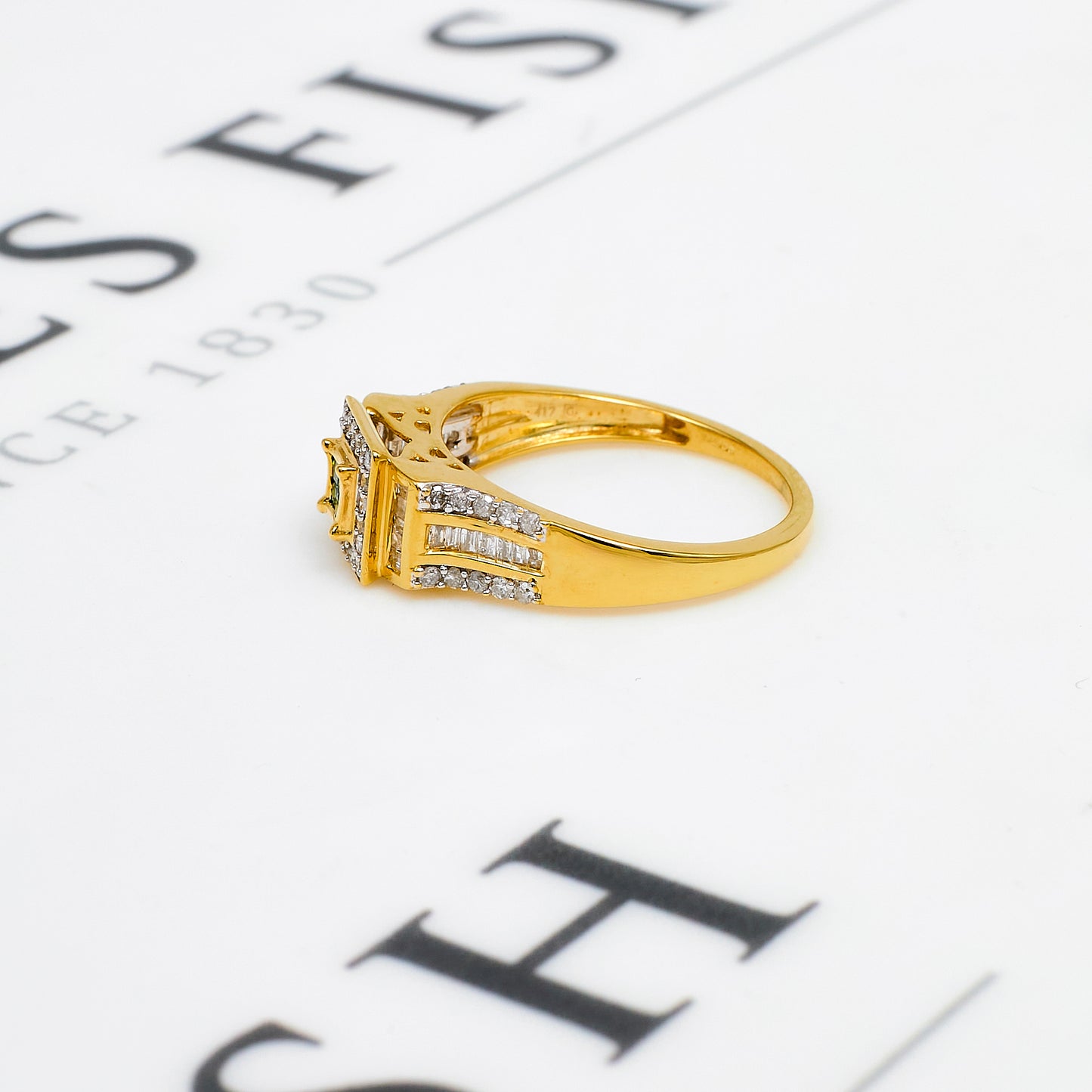 Pre-Owned 9ct Gold Green Treated & White Diamond Ring Size N