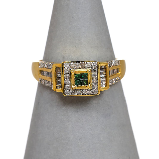 Pre-Owned 9ct Gold Green Treated & White Diamond Ring Size N