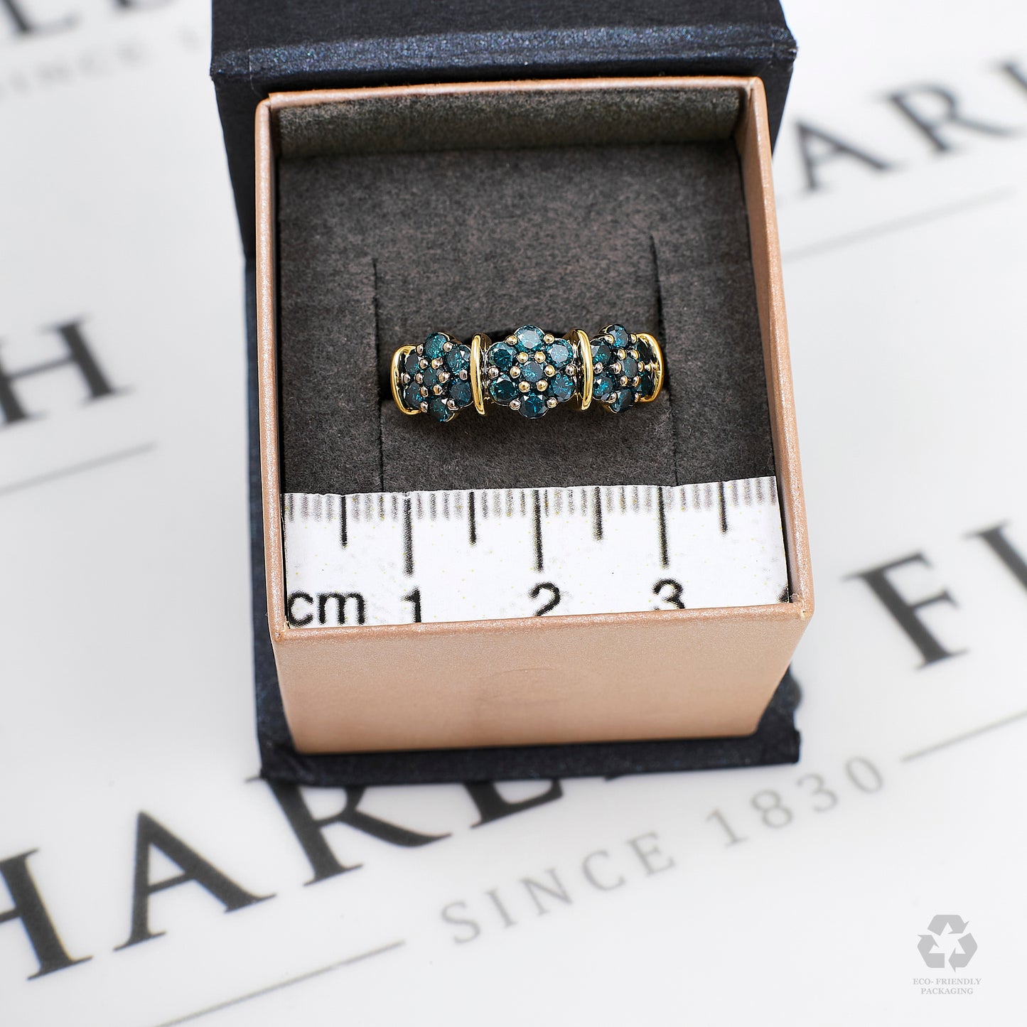 Pre-Owned 9ct Gold Blue Treated Diamond Triple Cluster Ring
