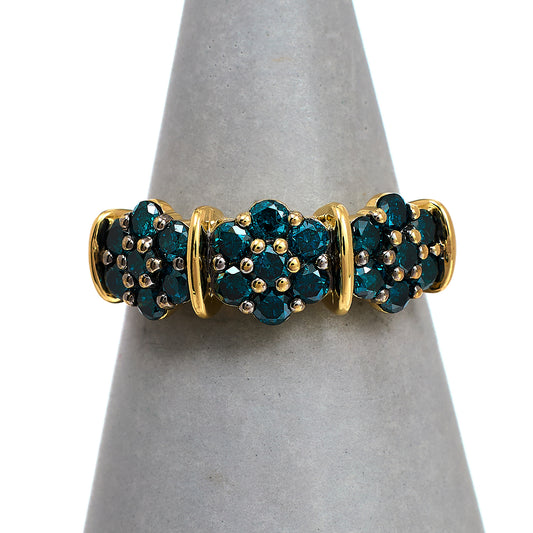 Pre-Owned 9ct Gold Blue Treated Diamond Triple Cluster Ring