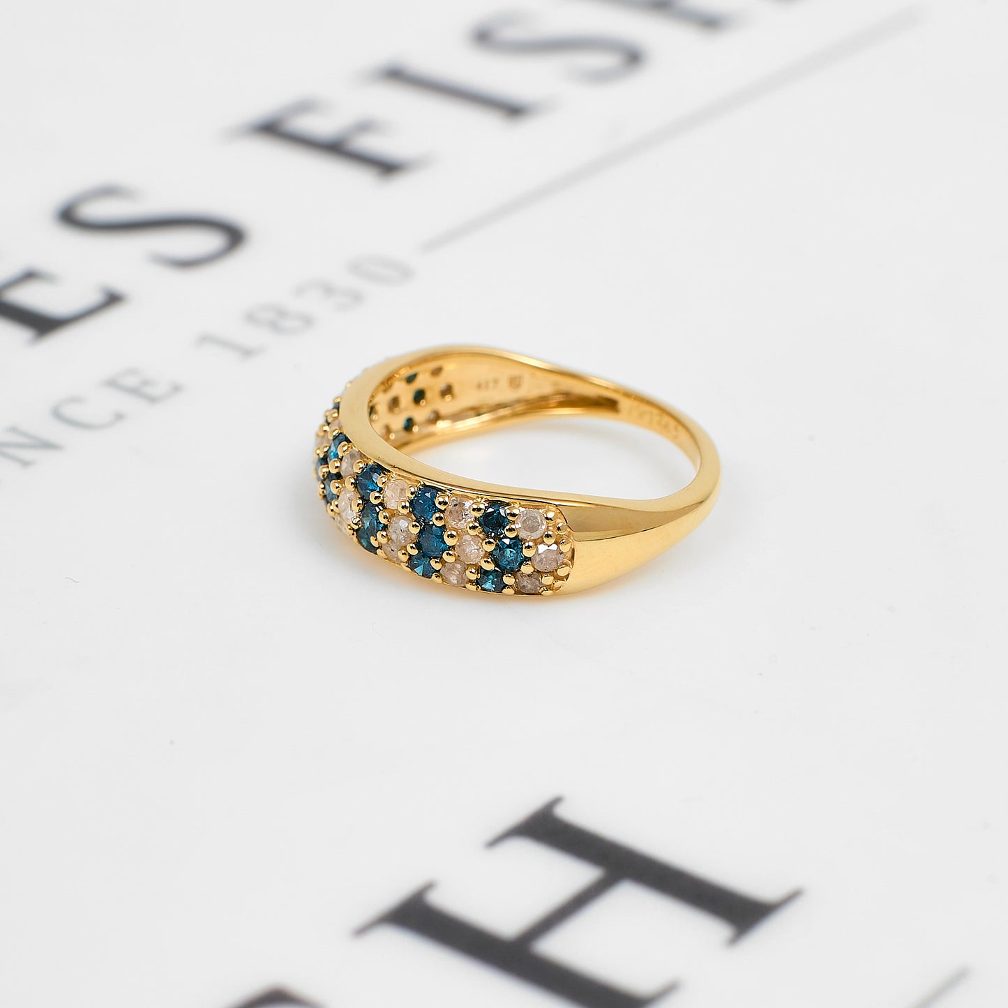 Pre-Owned 9ct Gold Blue Treated Diamond & White Diamond Ring