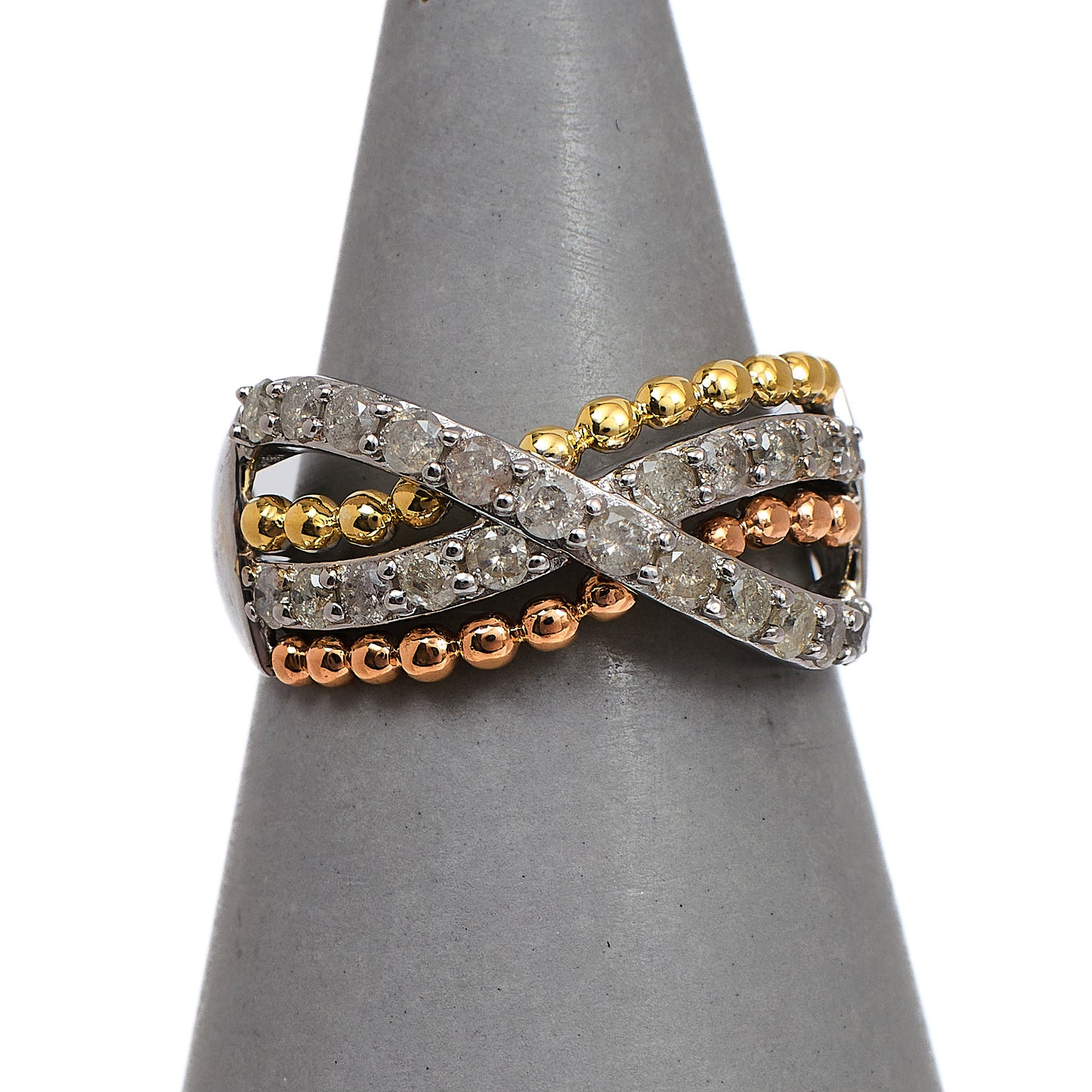 Pre-Owned 9ct Gold Tricolor Diamond X Design Ring Size N