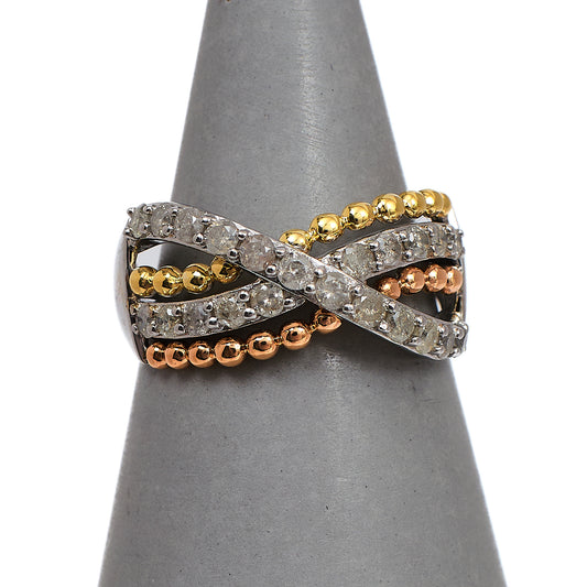 Pre-Owned 9ct Gold Tricolor Diamond X Design Ring Size N