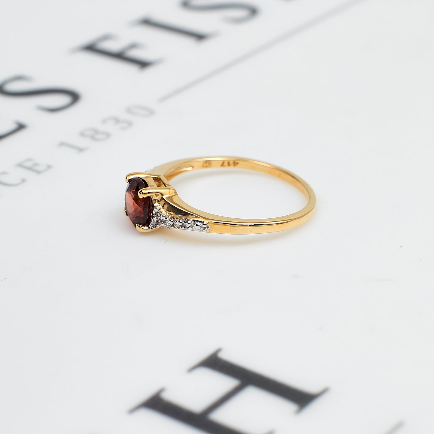 Pre-Owned 9ct Gold Red Zircon & 8 Diamond Ring Size N