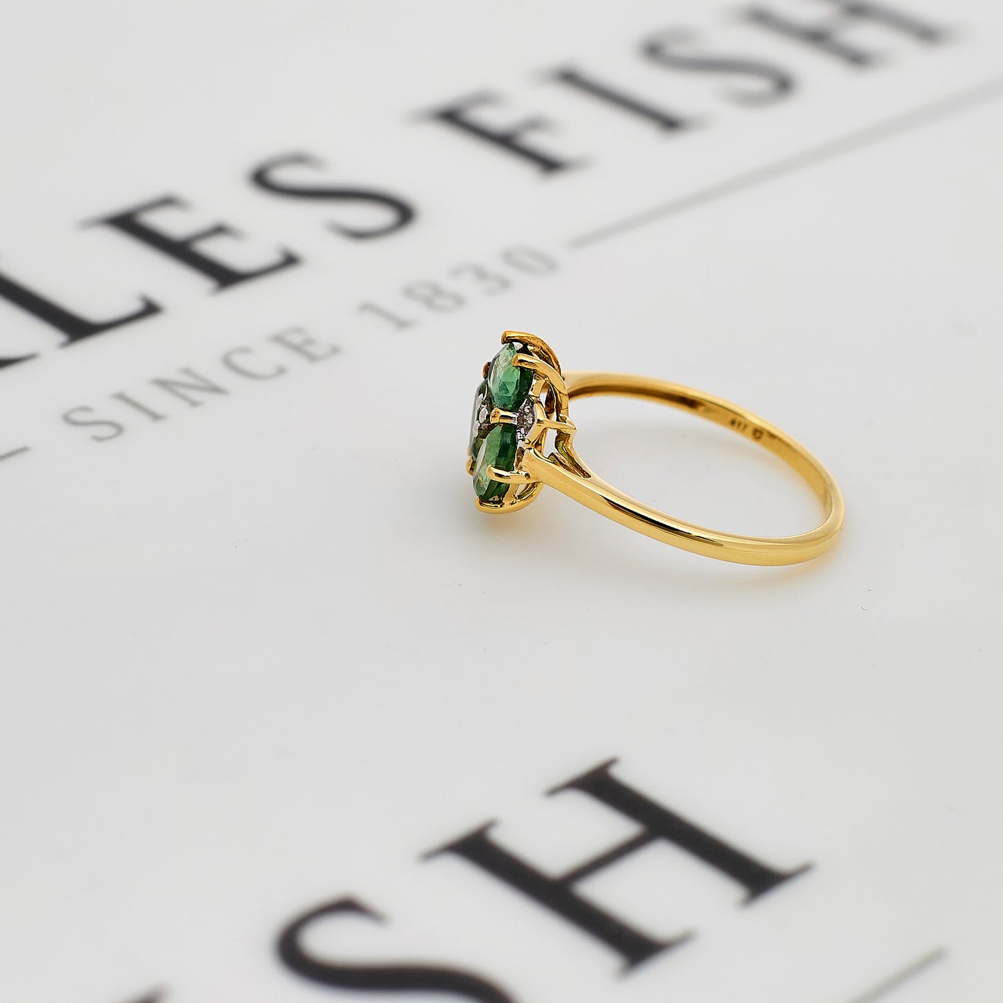 Pre-Owned 9ct Gold 3 Green Treated Sapphire & Diamond Ring