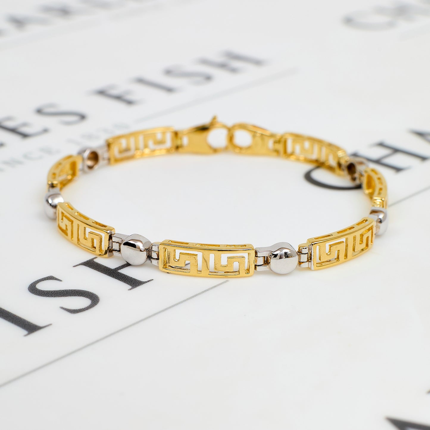 Pre-Owned 9ct Gold 2 Tone Greek Key Design Bracelet 7.5 Inch