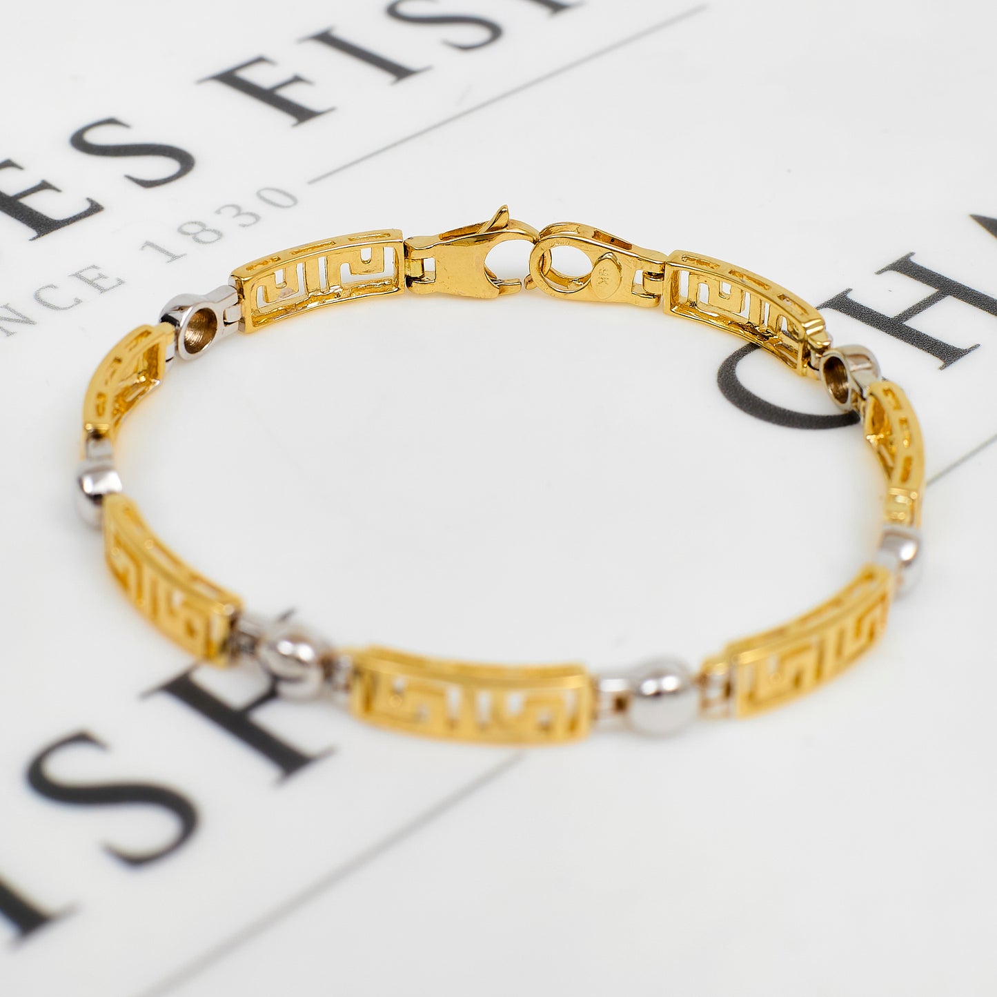 Pre-Owned 9ct Gold 2 Tone Greek Key Design Bracelet 7.5 Inch