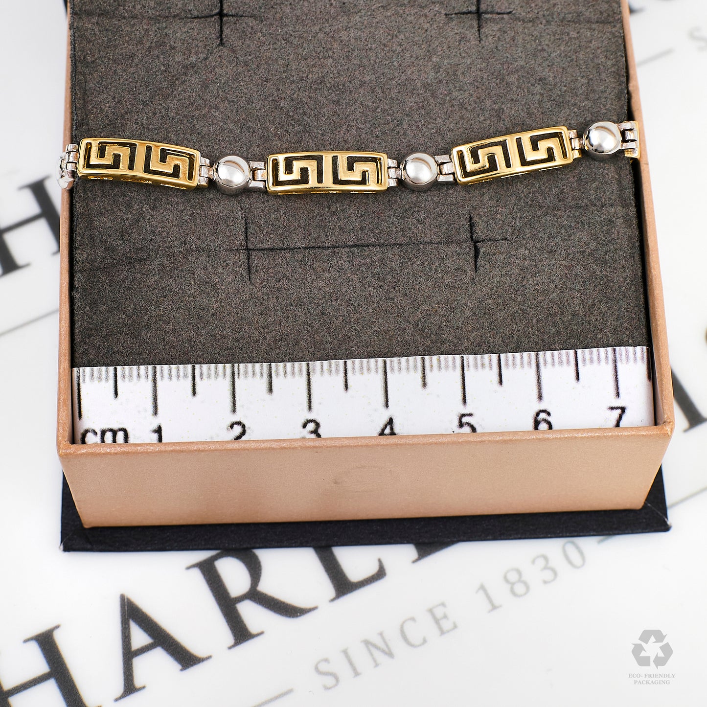 Pre-Owned 9ct Gold 2 Tone Greek Key Design Bracelet 7.5 Inch