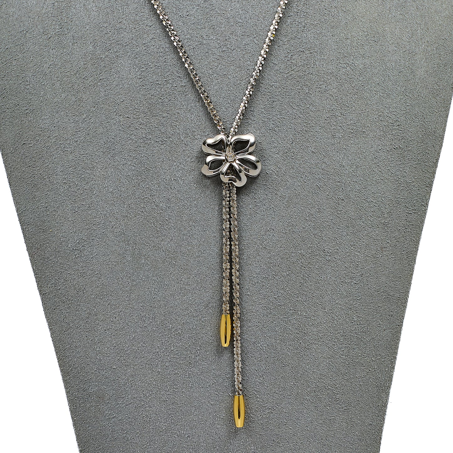 Pre-Owned 18ct White Gold 2 Tone Flower Tassel Necklace 17 Inch