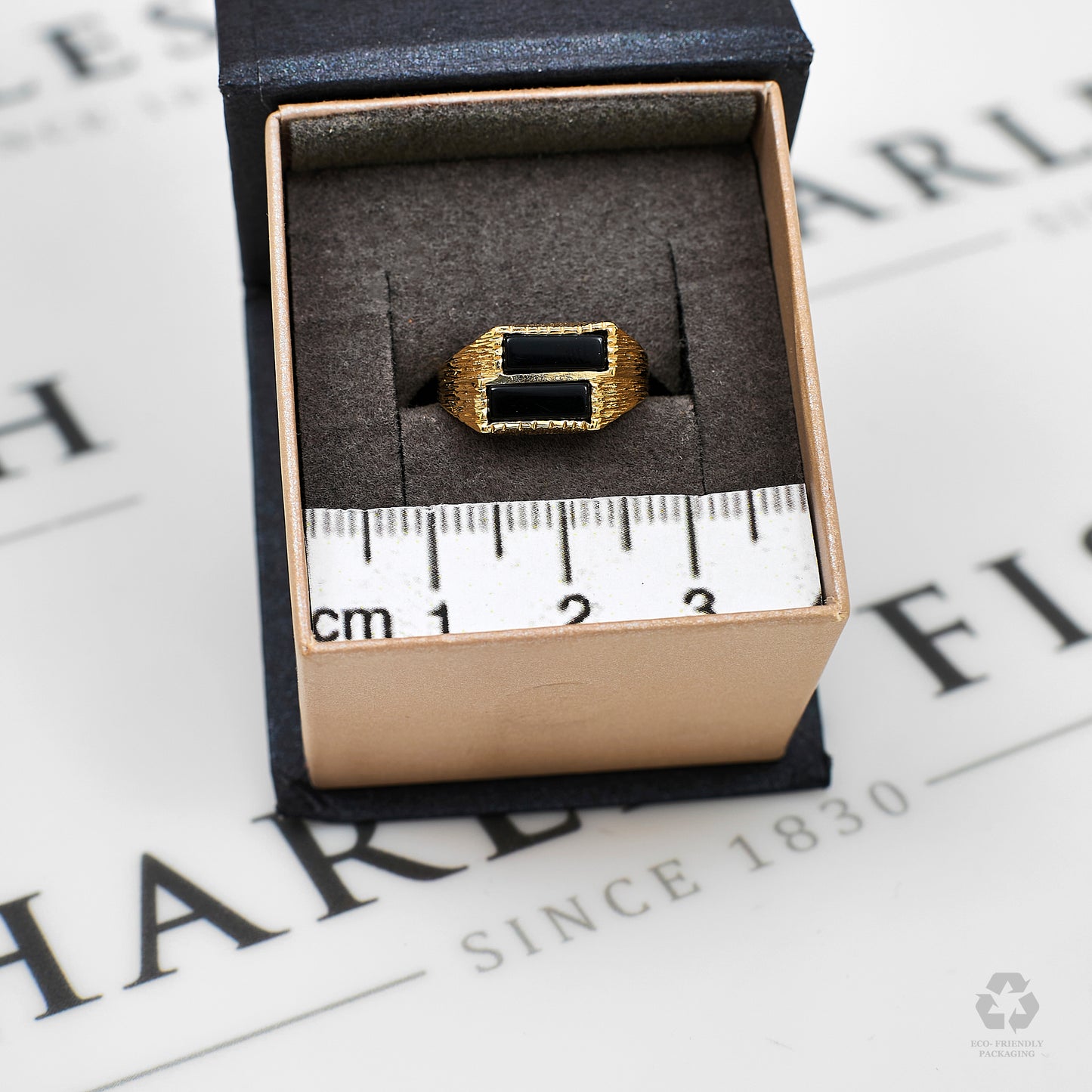 Pre-Owned 9ct Gold Twin Rectangle Onyx Signet Ring Size I
