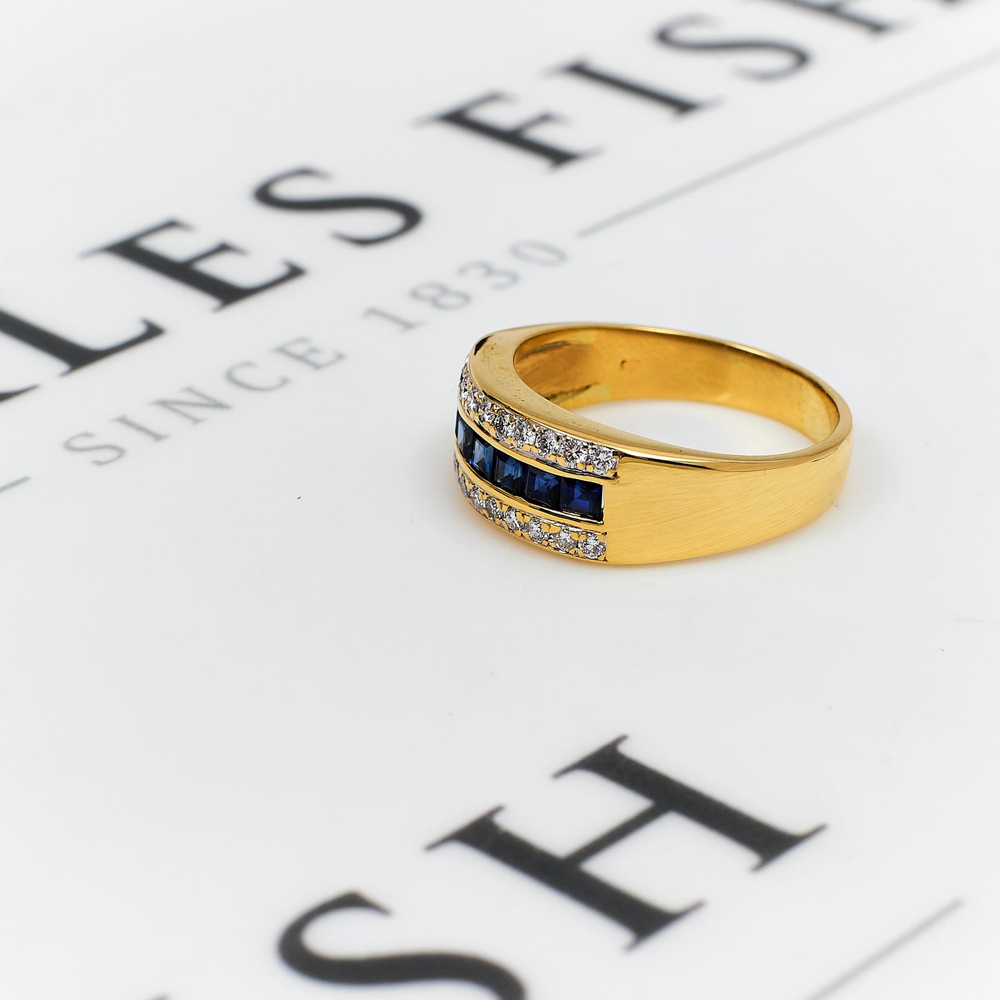 Pre-Owned 14ct Gold 3 Row Diamond & Sapphire Ring Size R