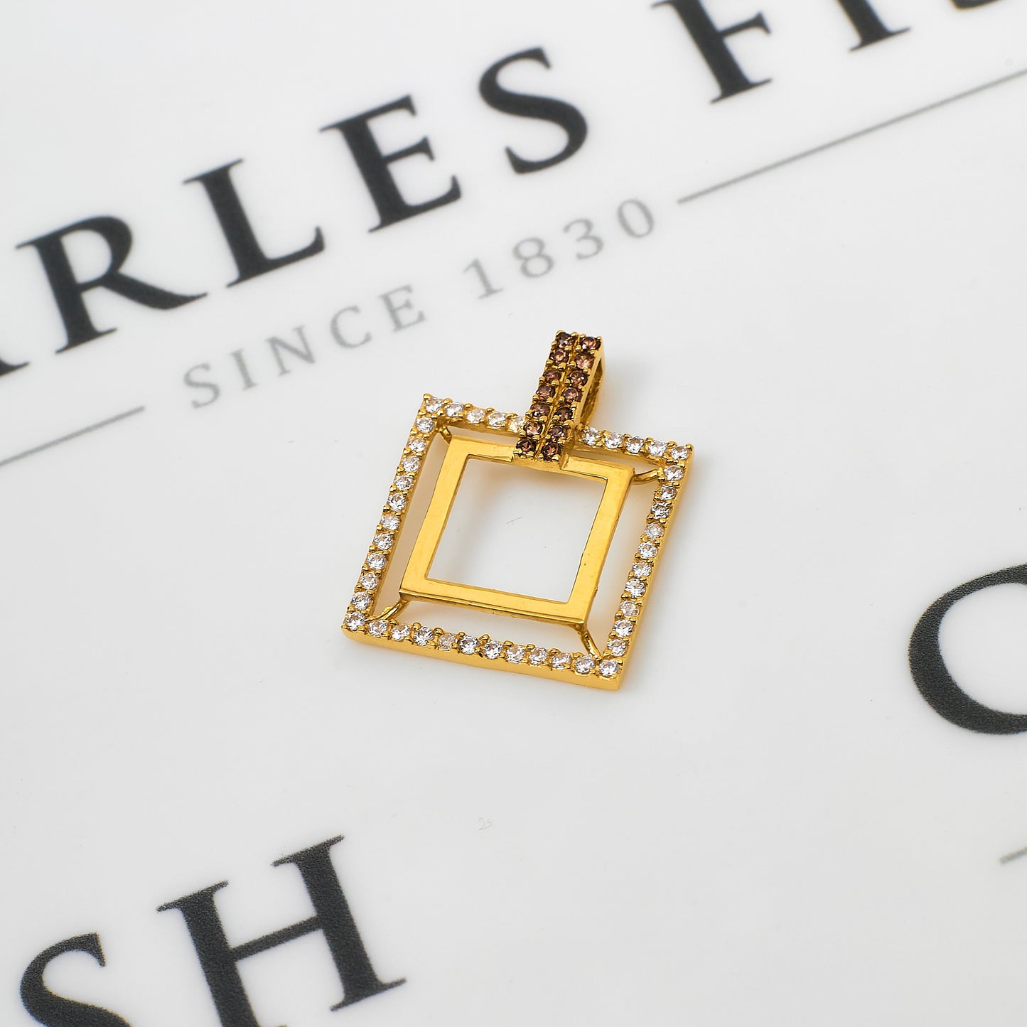 Pre-Owned 18ct Gold Brown & White CZ Openwork Square Pendant