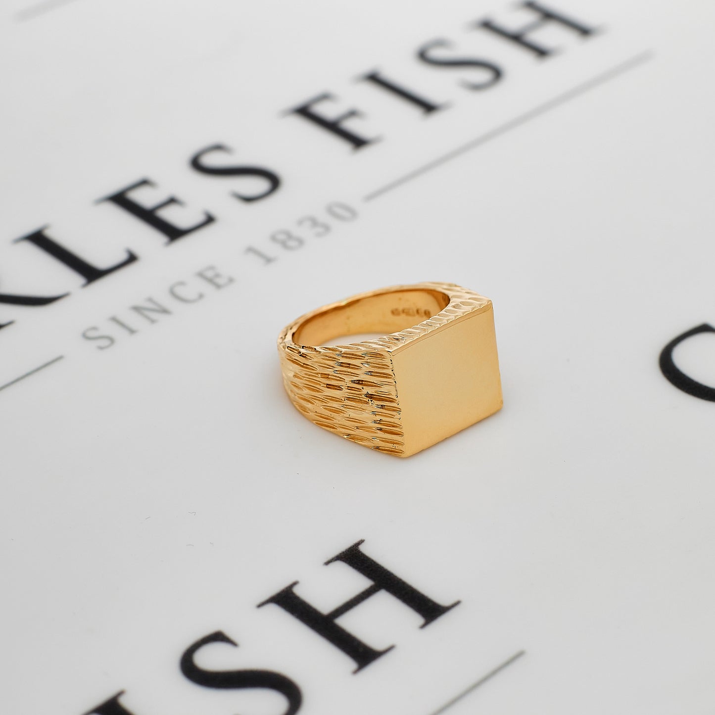 Pre-Owned 9ct Gold Square Signet Barked Shank Ring Size N