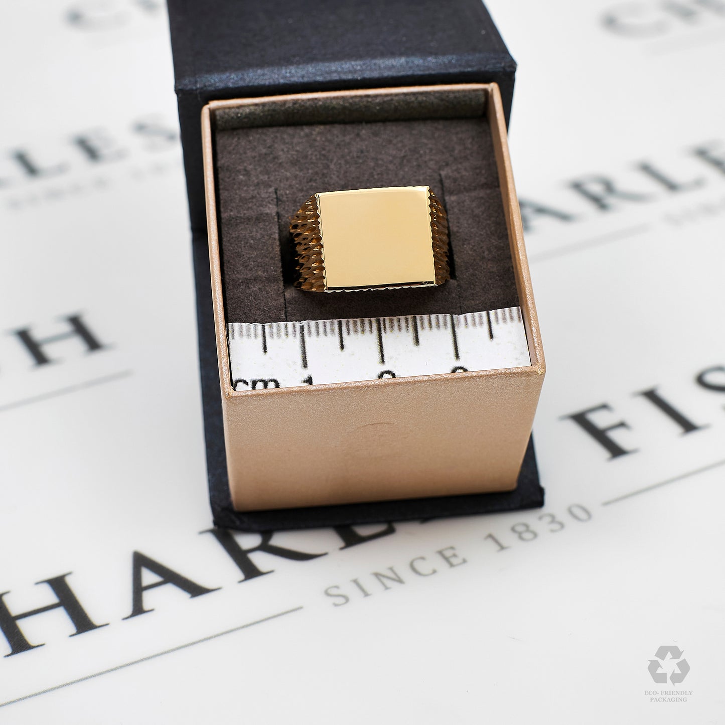 Pre-Owned 9ct Gold Square Signet Barked Shank Ring Size N